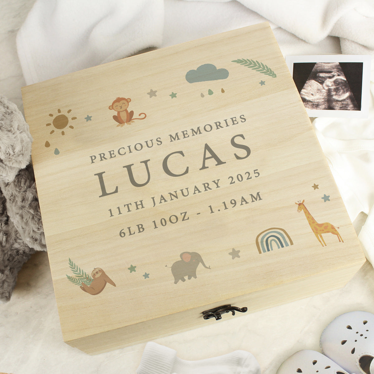 Personalised Safari Animals Large Wooden Keepsake Box from Heartfelt Gifts