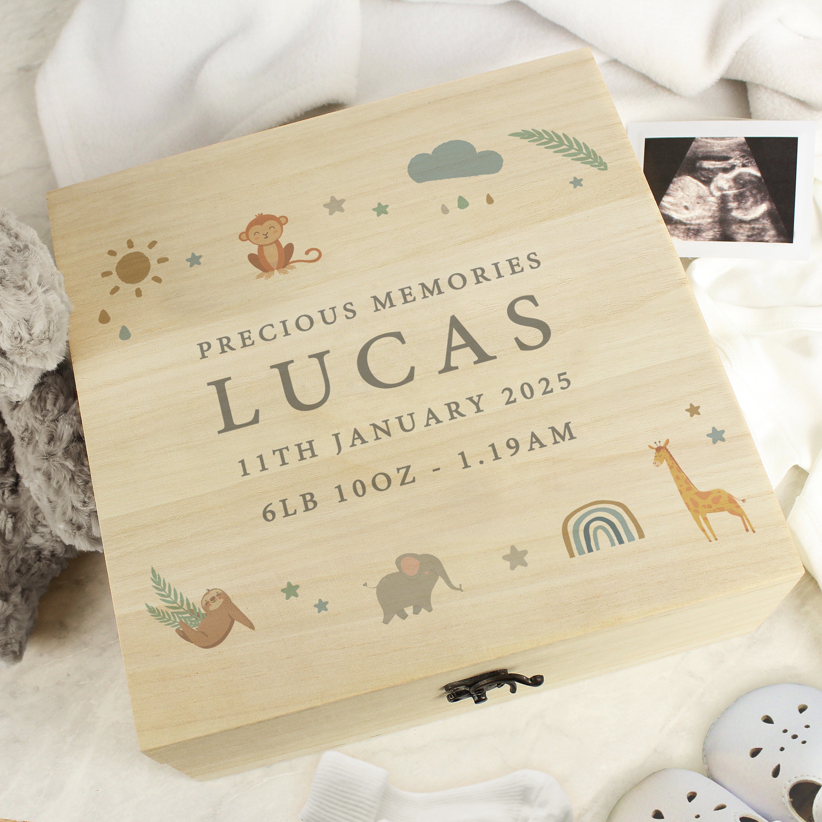 Personalised Safari Animals Large Wooden Keepsake Box from Heartfelt Gifts