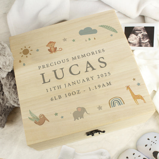 Personalised Safari Animals Large Wooden Keepsake Box from Heartfelt Gifts