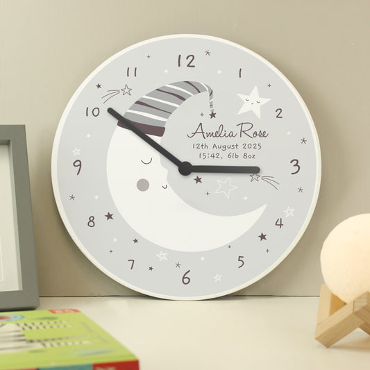 Personalised Moon Wooden Nursery Clock from Heartfelt Gifts