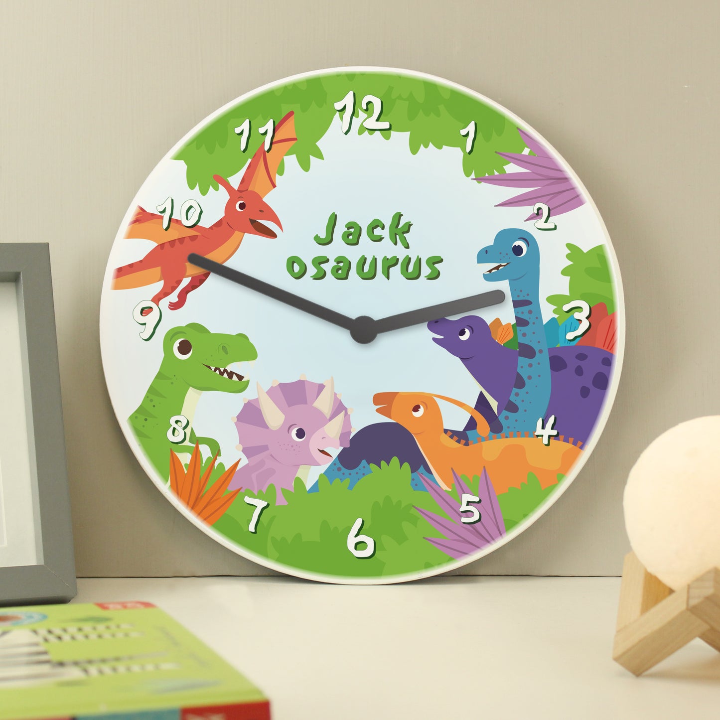 Personalised Dinosaur Wooden Childrens Clock from Heartfelt Gifts