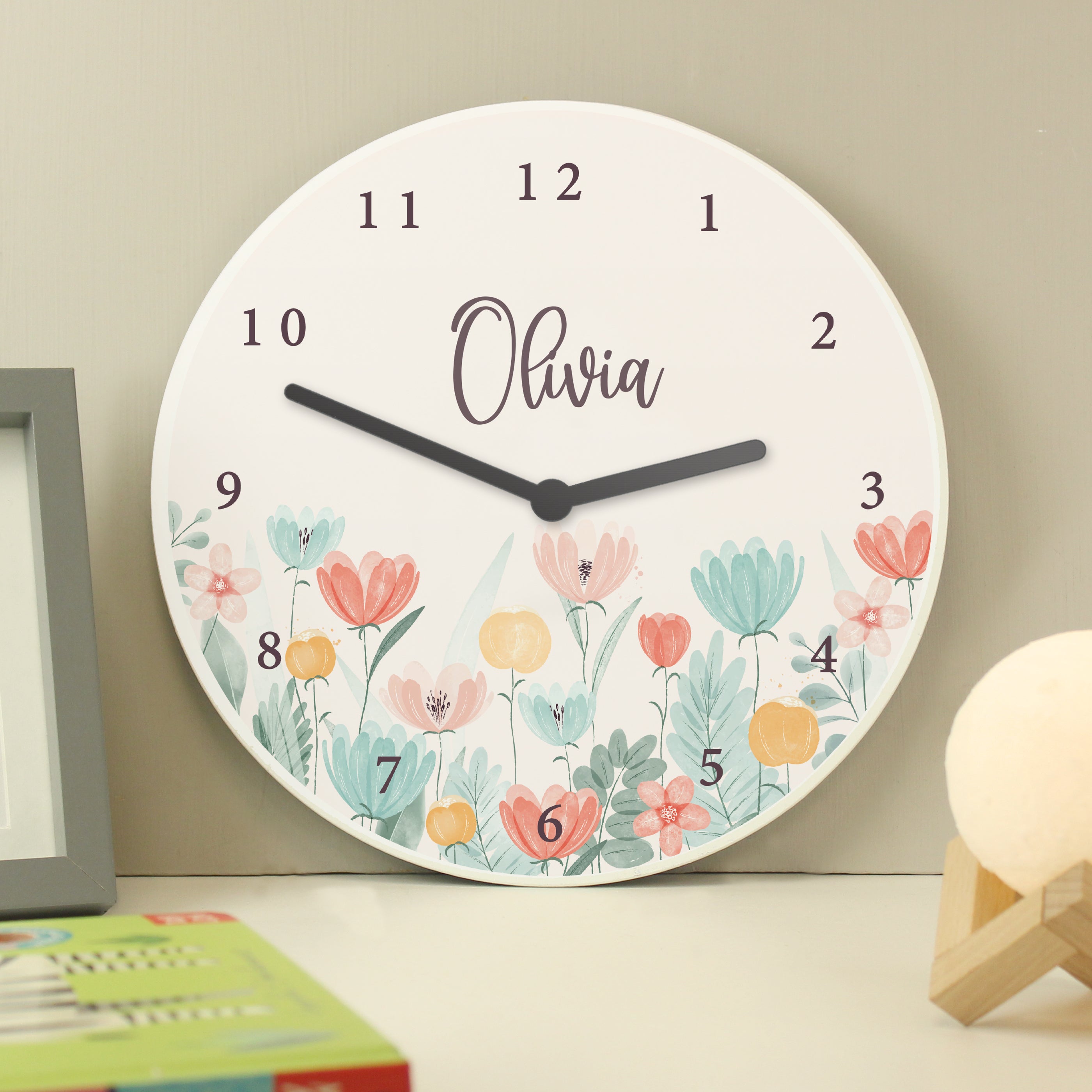 Personalised Floral Wooden Childrens Clock from Heartfelt Gifts