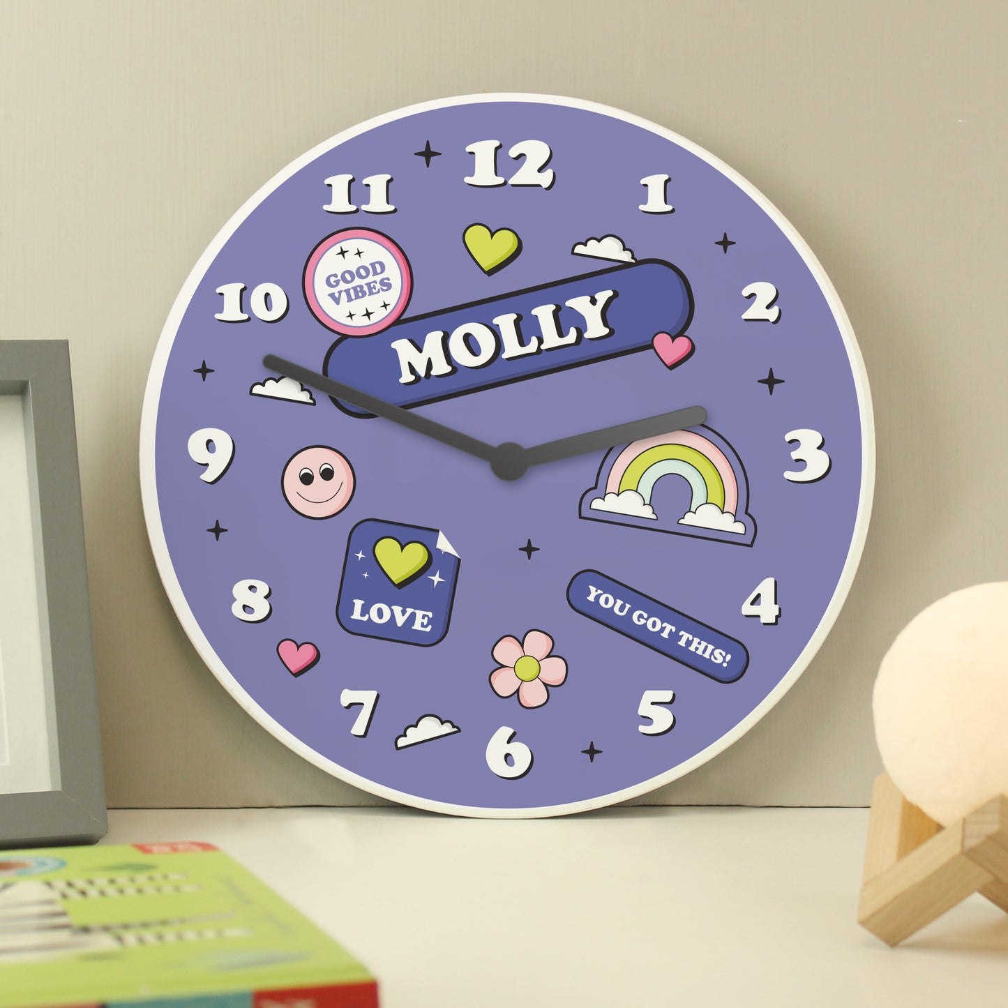 Personalised Positive Vibes Wooden Childrens Clock from Heartfelt Gifts