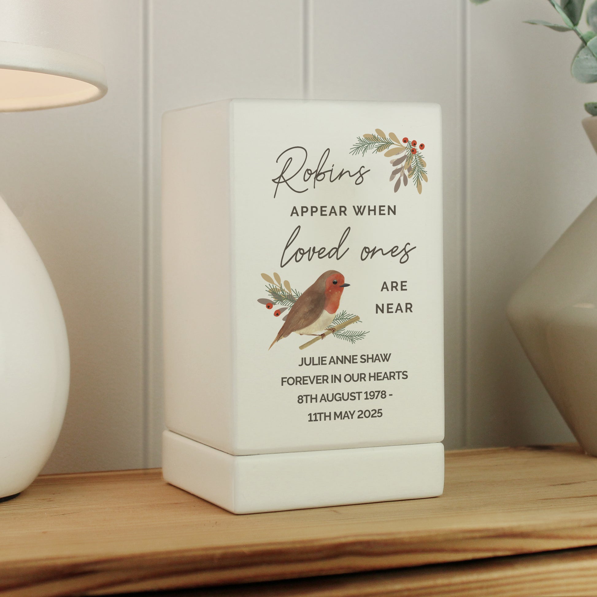 Personalised Robins Appear Small Wooden Urn from Heartfelt Gifts