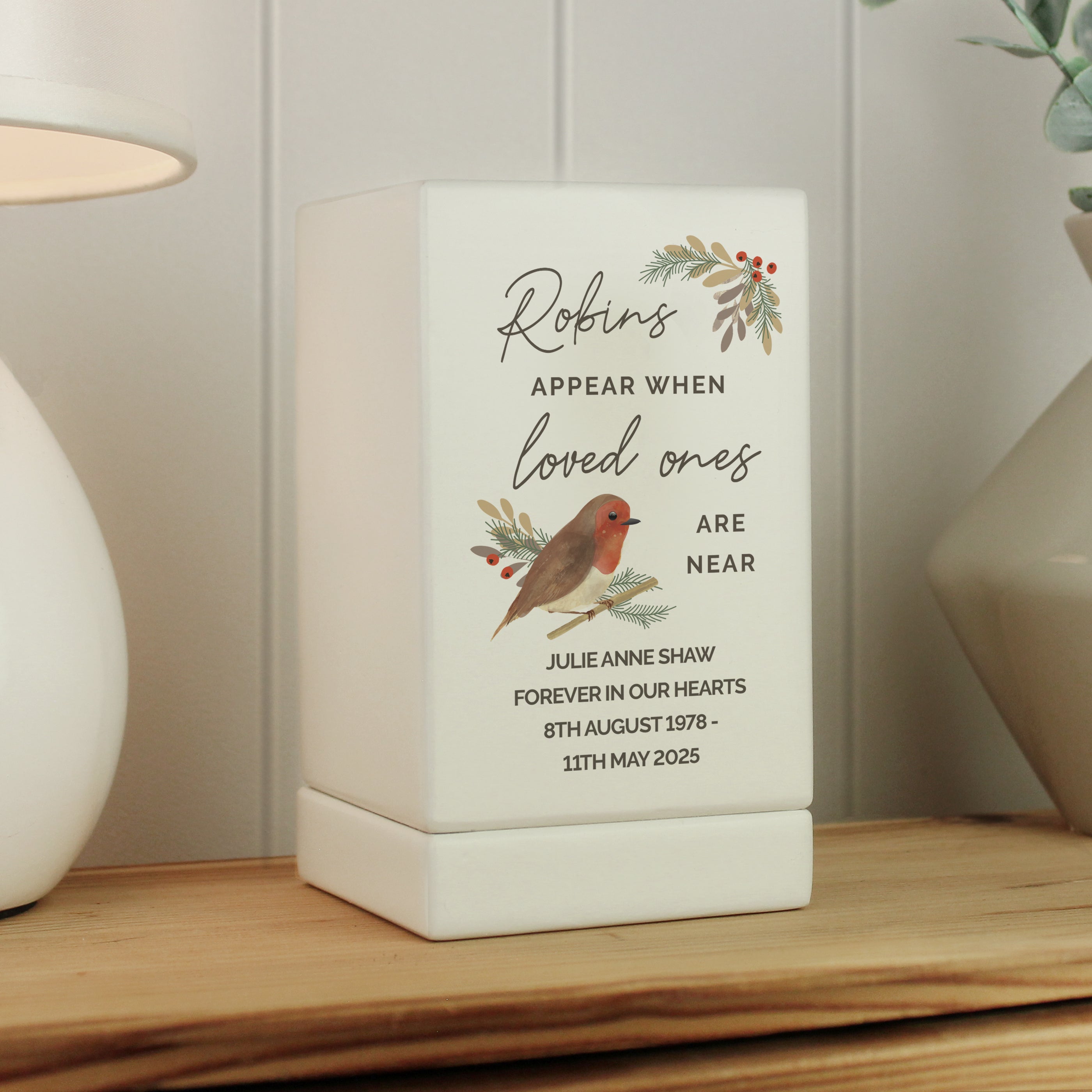 Personalised Robins Appear Small Wooden Urn from Heartfelt Gifts