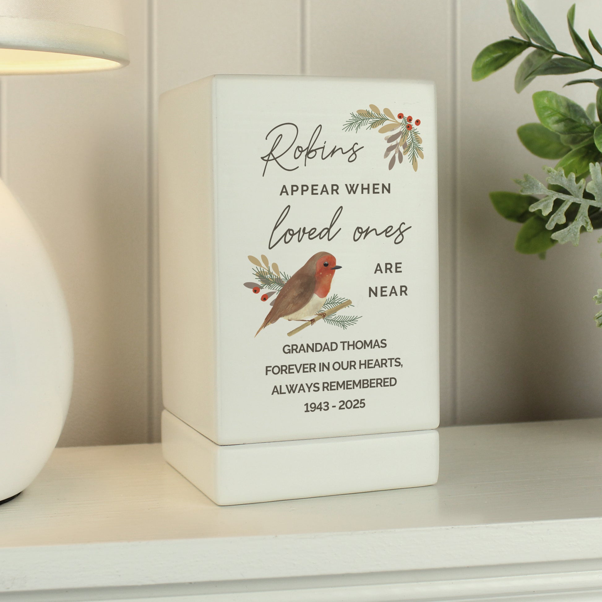 Personalised Robins Appear Small Wooden Urn - image 3