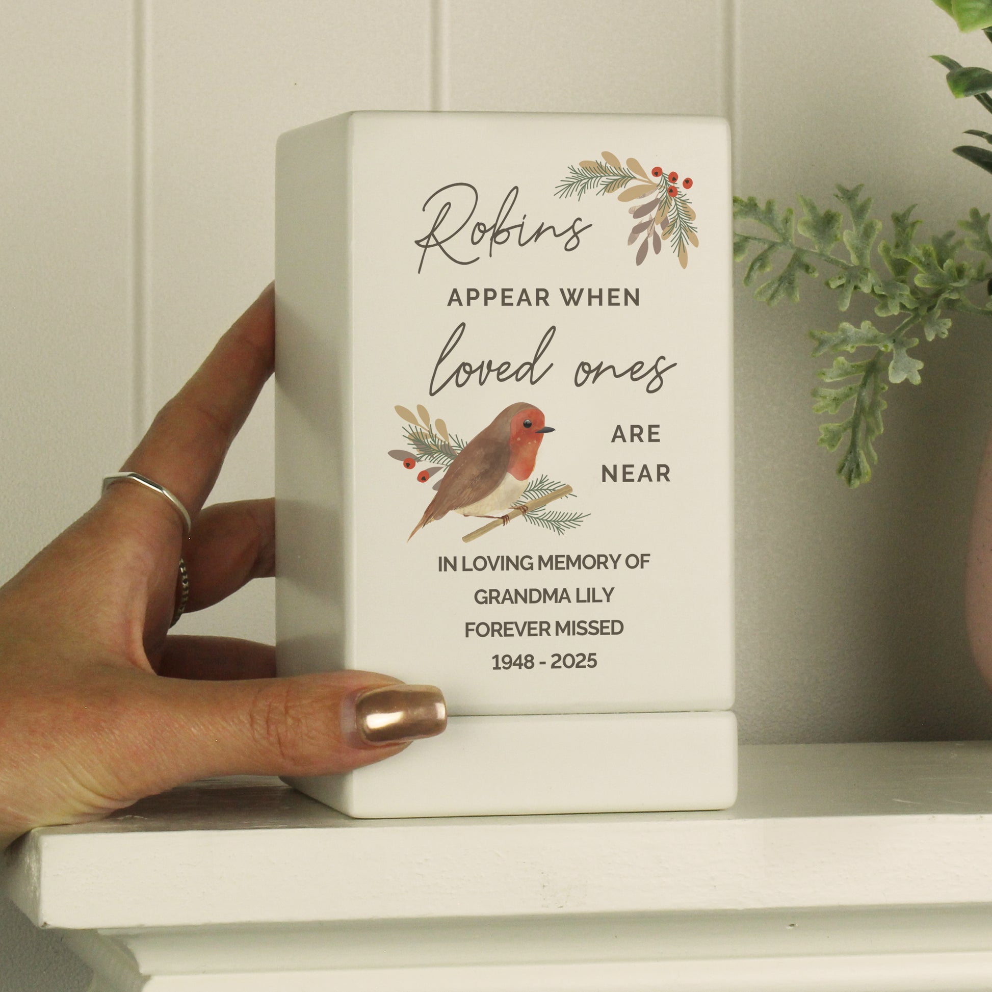 Personalised Robins Appear Small Wooden Urn - image 4