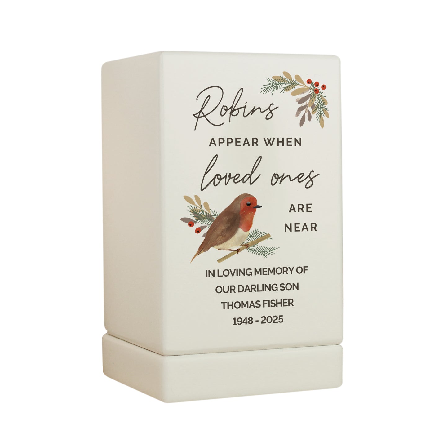 Personalised Robins Appear Small Wooden Urn - image 5