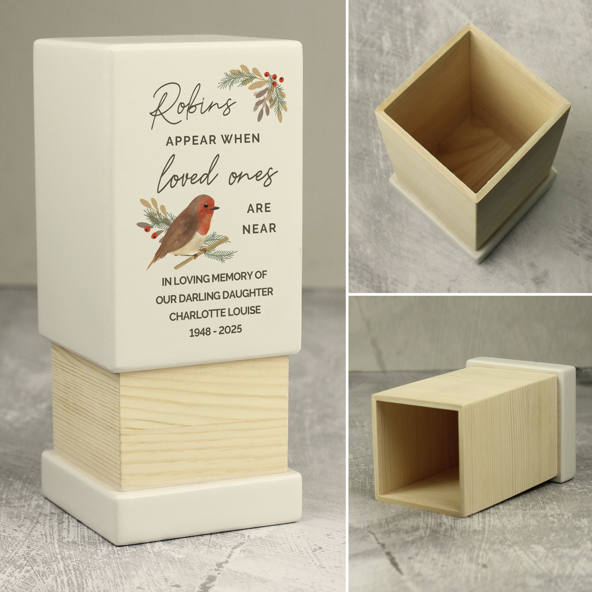 Personalised Robins Appear Small Wooden Urn - image 7