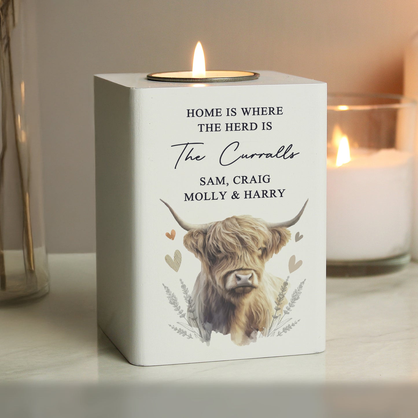 Personalised Highland Cow White Wooden Tealight Holder from Heartfelt Gifts