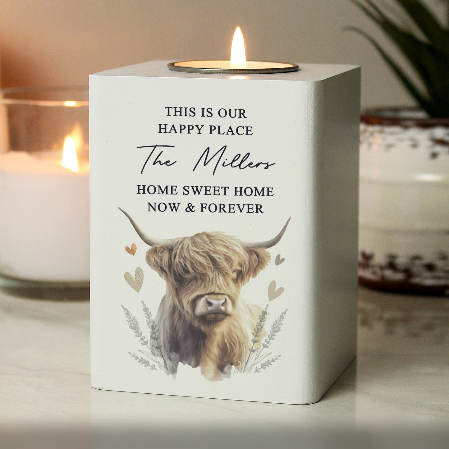Personalised Highland Cow White Wooden Tealight Holder - image 2