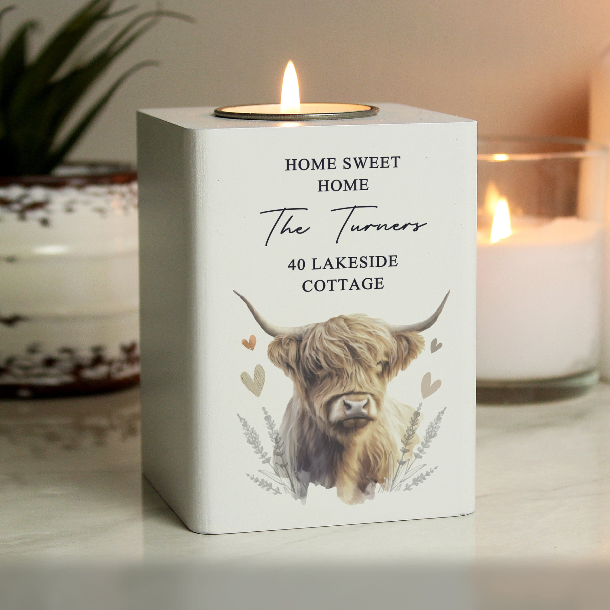 Personalised Highland Cow White Wooden Tealight Holder - image 3