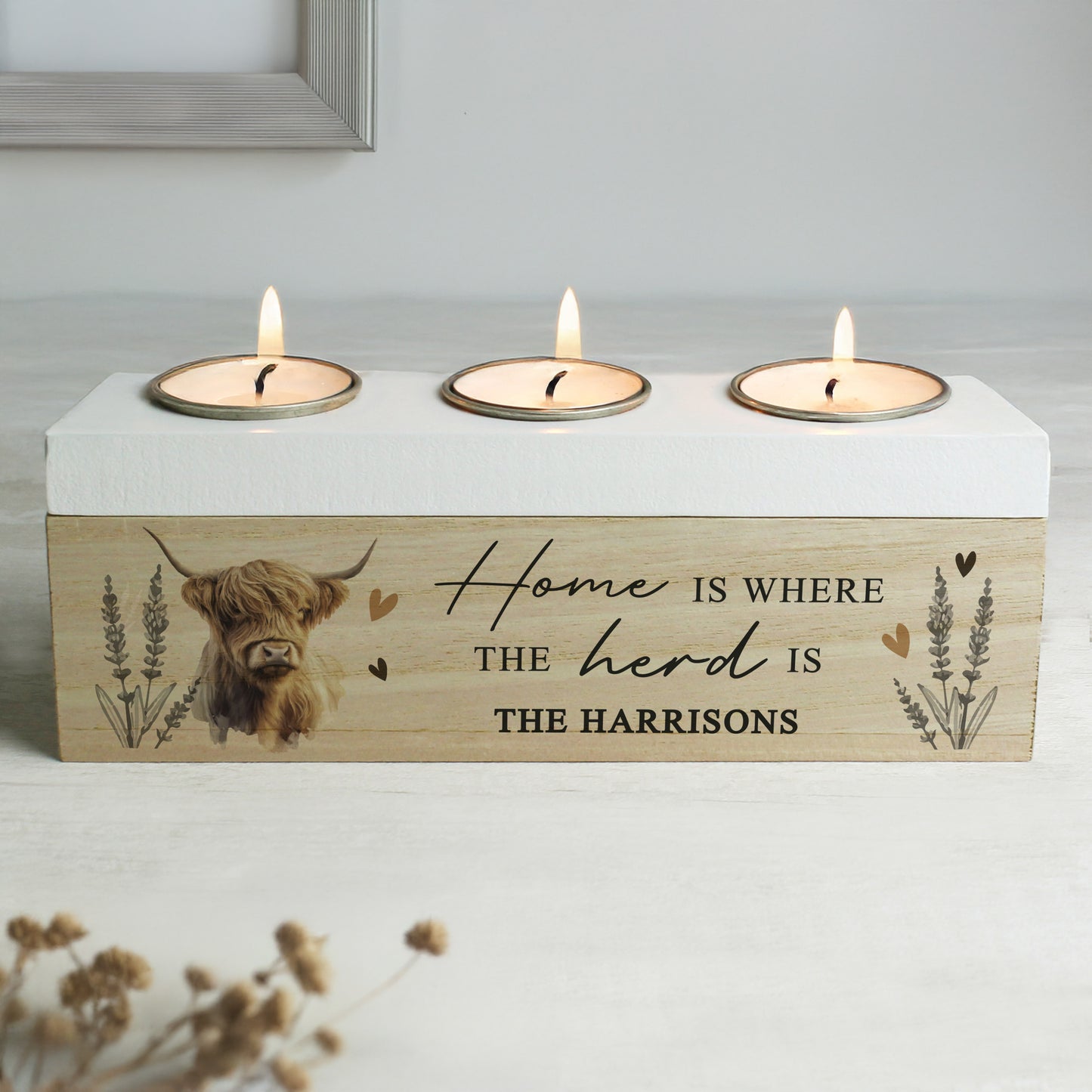 Personalised Highland Cow Triple Tea Light Box from Heartfelt Gifts