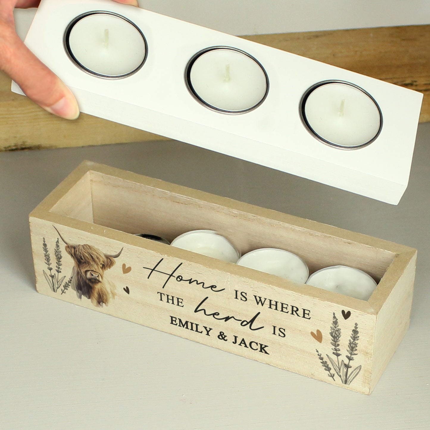 Personalised Highland Cow Triple Tea Light Box - image 3