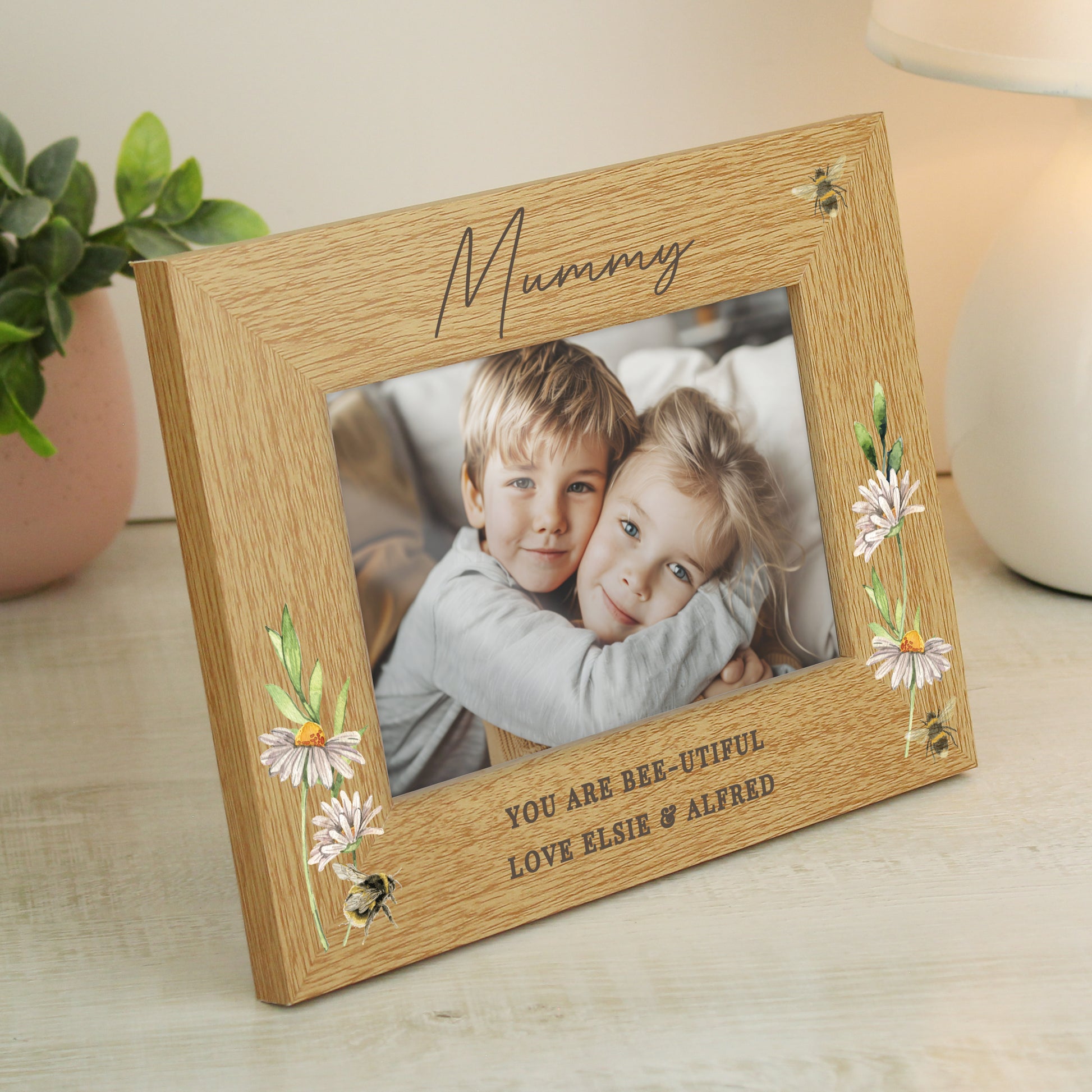 Personalised Floral Bee 6x4 Oak Finish Photo Frame from Heartfelt Gifts