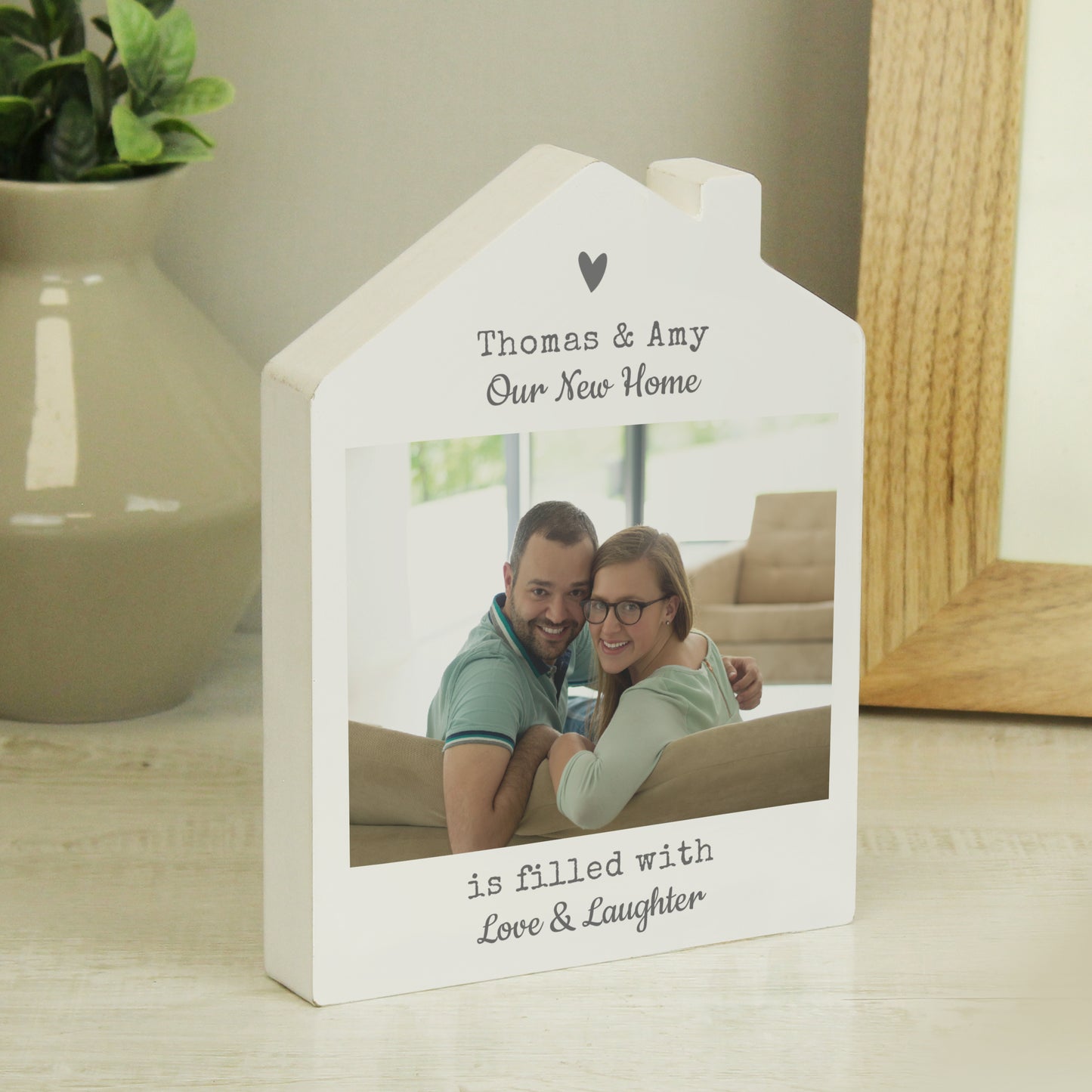 Personalised Grey Heart Photo Upload Wooden House Ornament - image 2