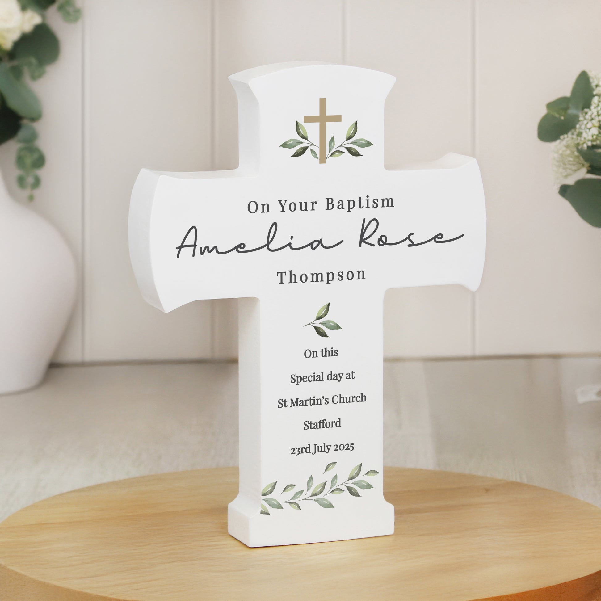 Personalised Botanical Cross Wooden Ornament from Heartfelt Gifts