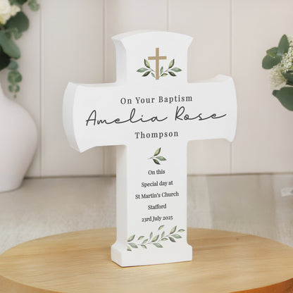 Personalised Botanical Cross Wooden Ornament from Heartfelt Gifts