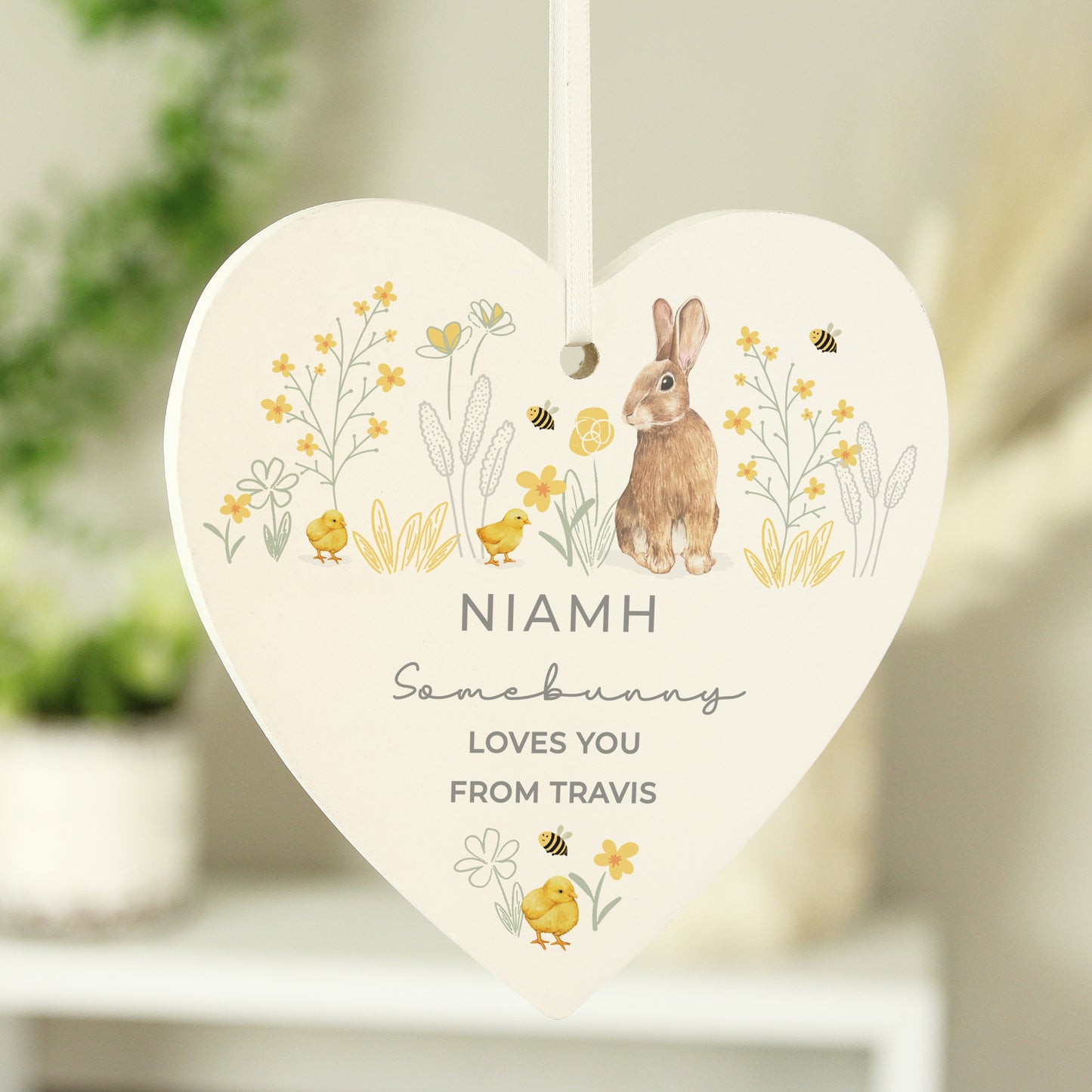 Personalised Spring Bunny Wooden Heart Ornament from Heartfelt Gifts