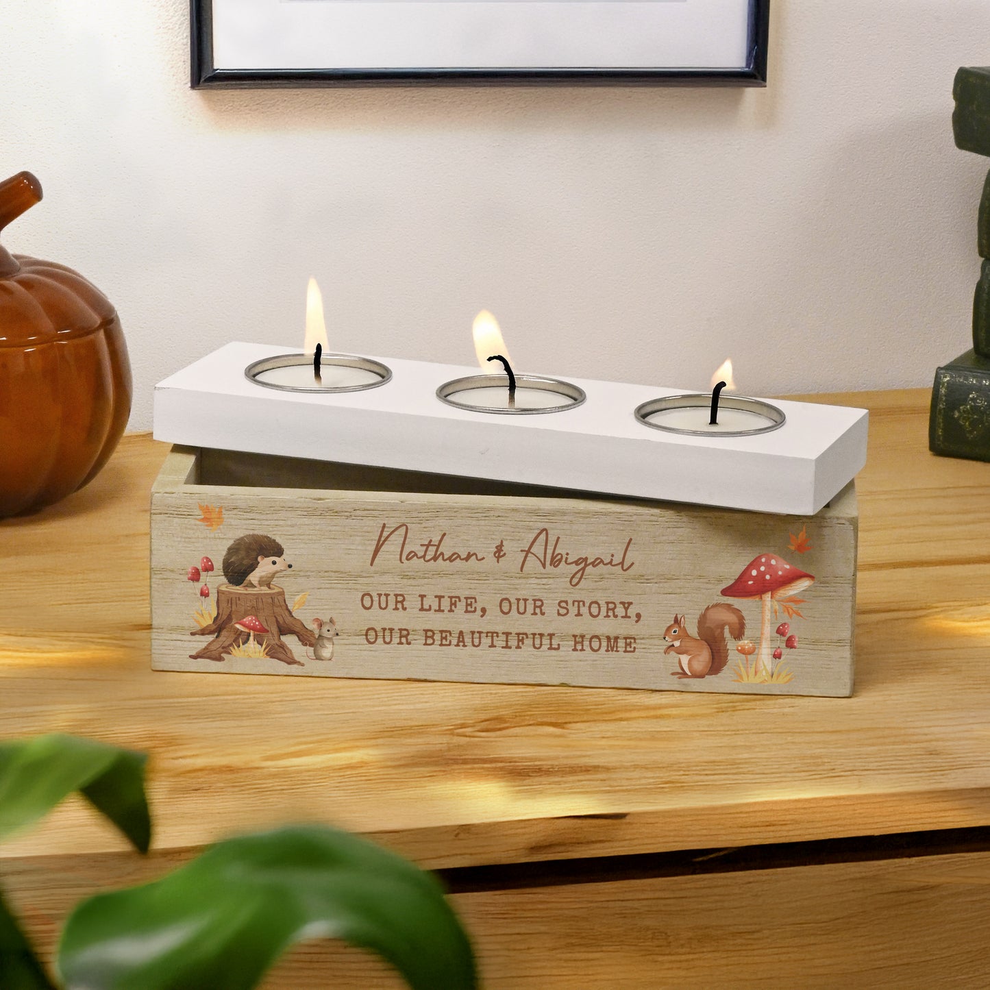 Personalised Autumn Triple Tea Light Box – Cosy Woodland Home Gift