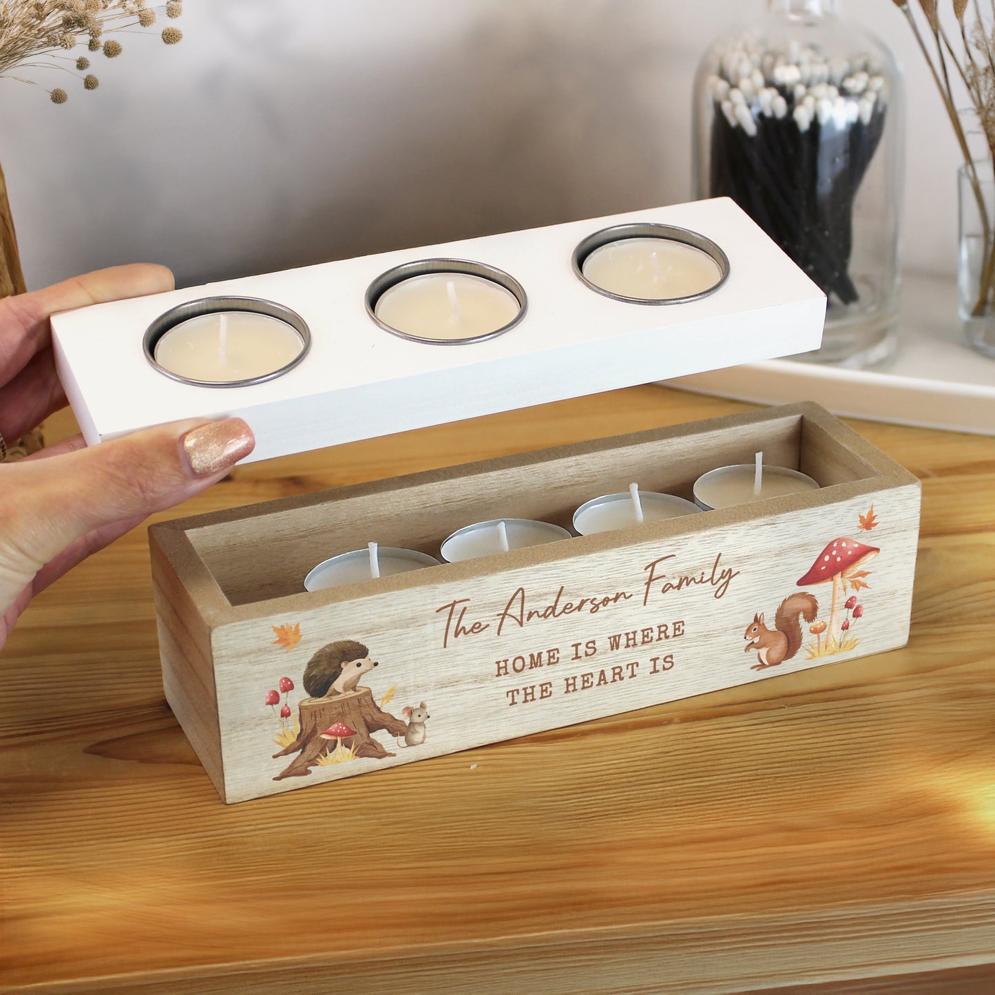 Personalised Autumn Triple Tea Light Box – Cosy Woodland Home Gift - image 2