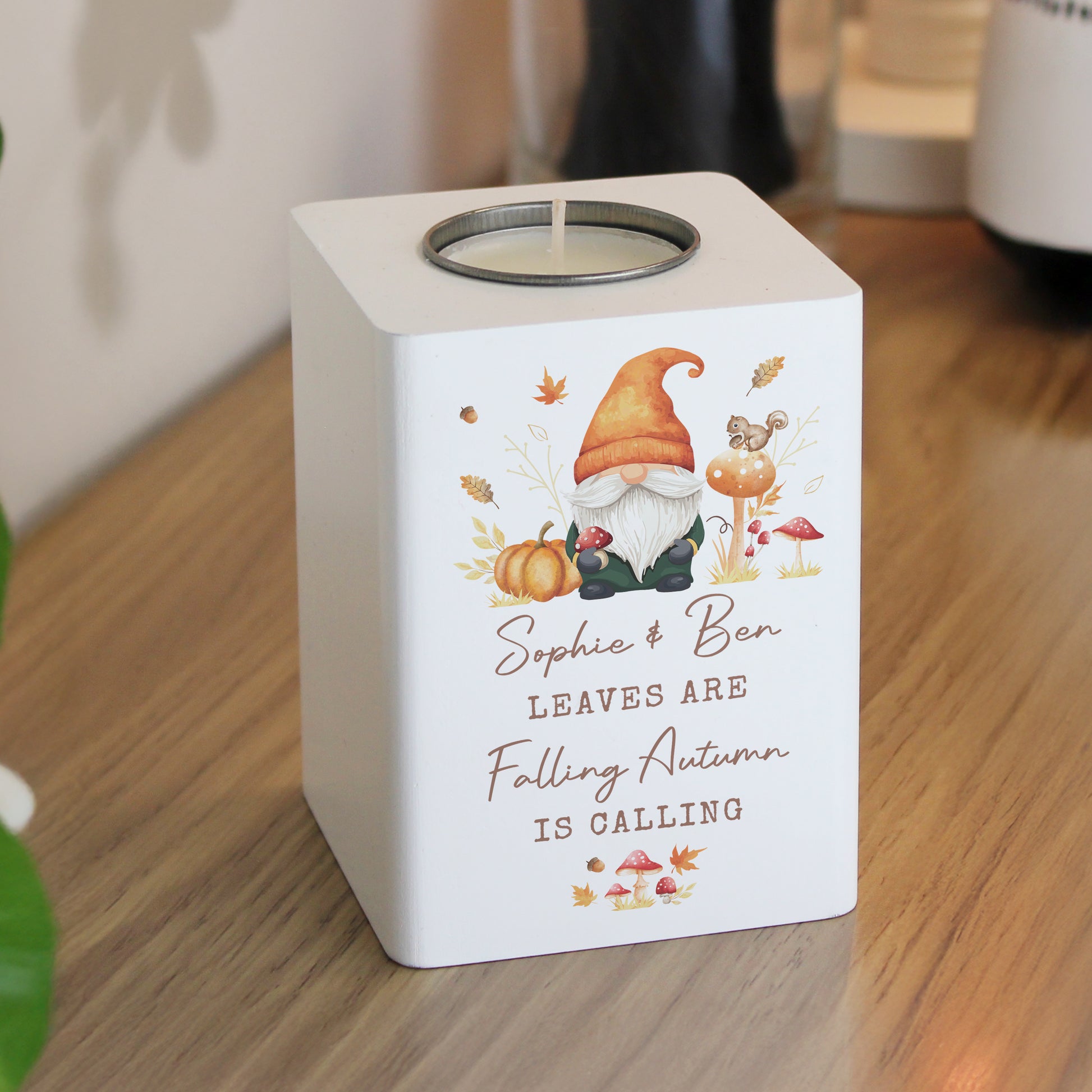 Personalised Autumn Gonk Wooden Tealight Holder – Cosy Home Seasonal Gift - image 2