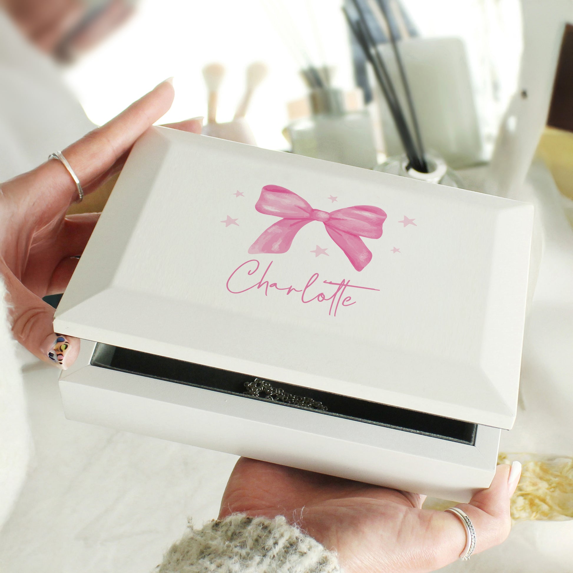 Personalised Bow Wooden Jewellery Box – Birthday Valentine's Gift for Her - image 2