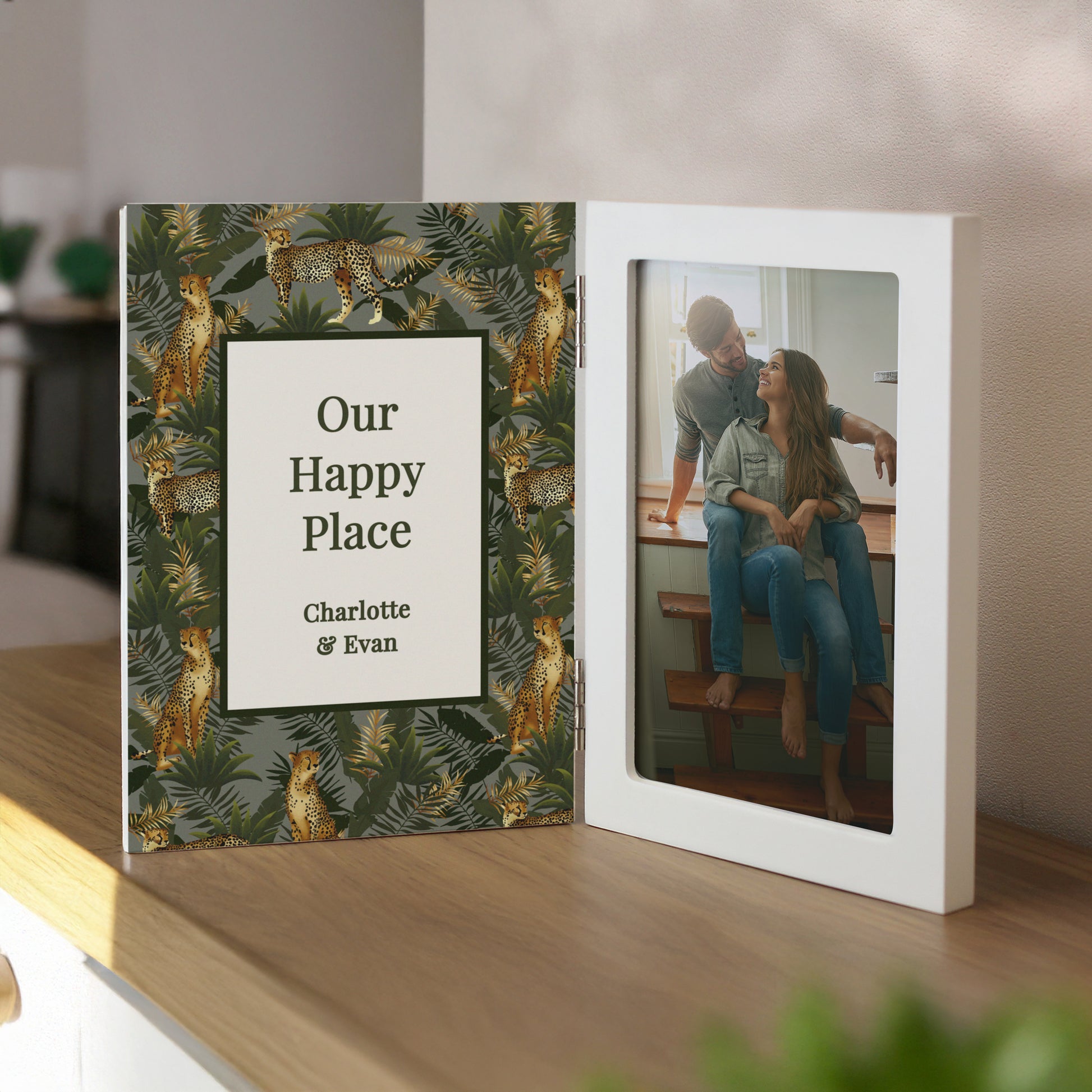 Personalised Leopard Print Wooden Hinged 6x4 Photo Frame – Bold Birthday Gift