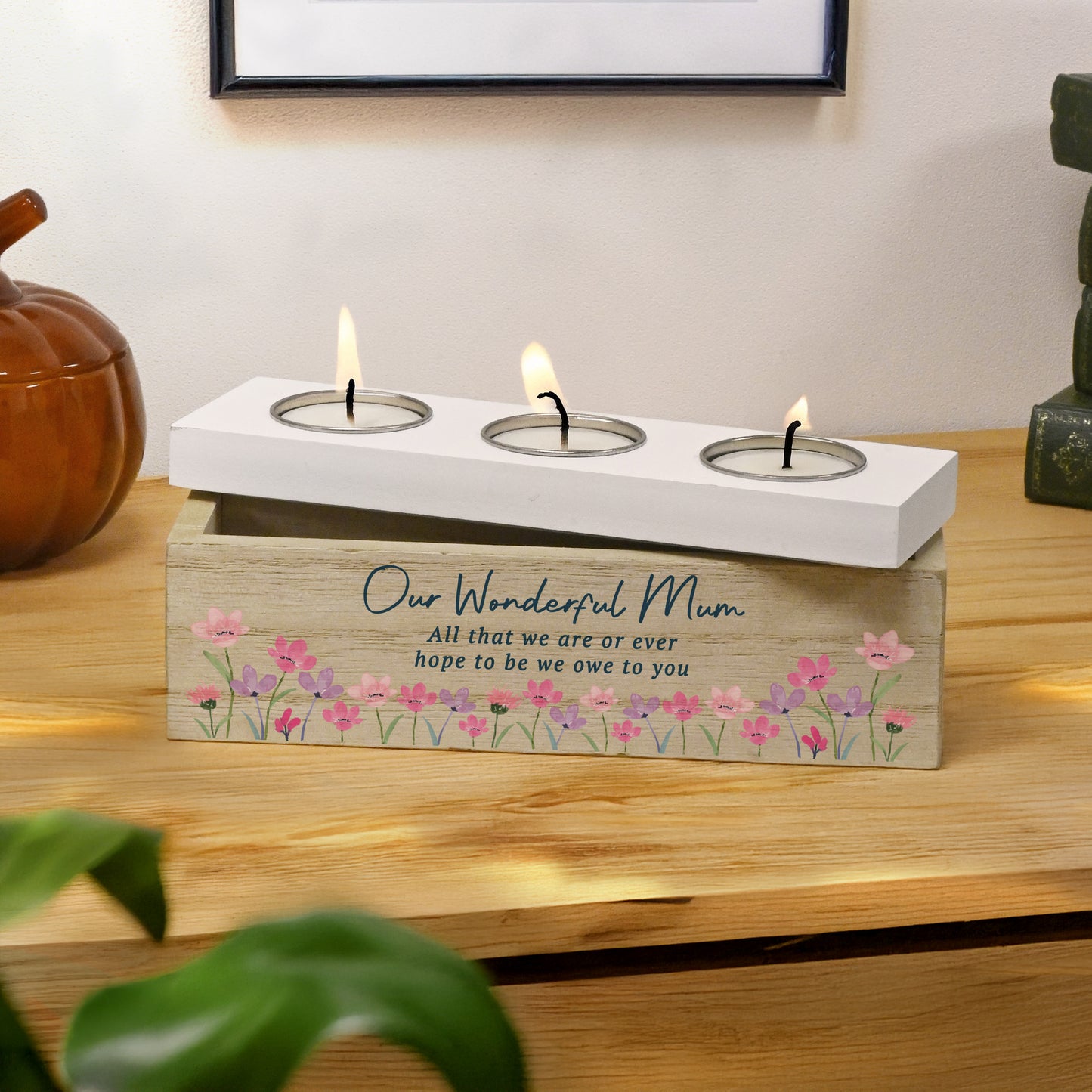 Personalised Floral Wooden Triple Tea Light Box – Birthday Mother's Day Gift