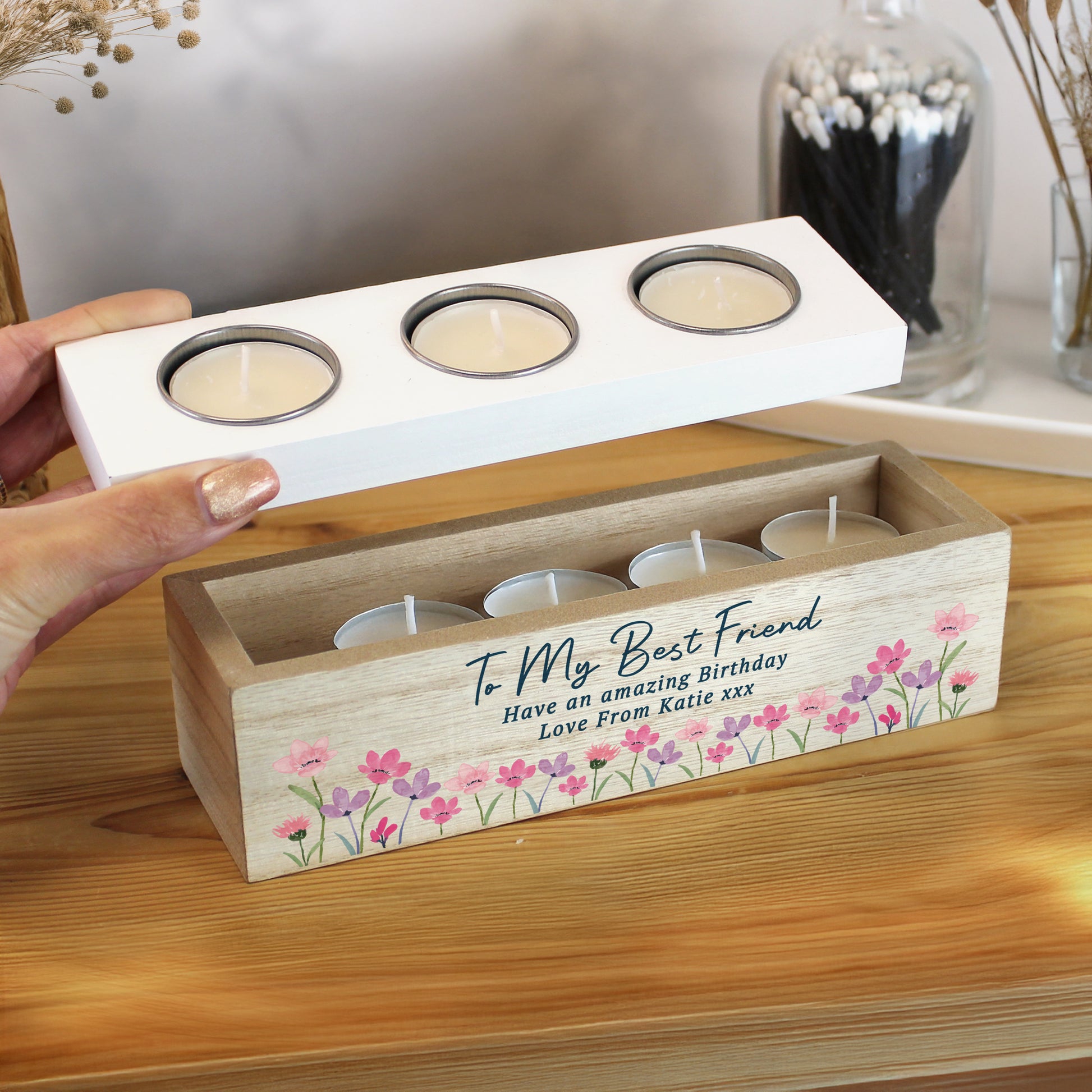Personalised Floral Wooden Triple Tea Light Box – Birthday Mother's Day Gift - image 2