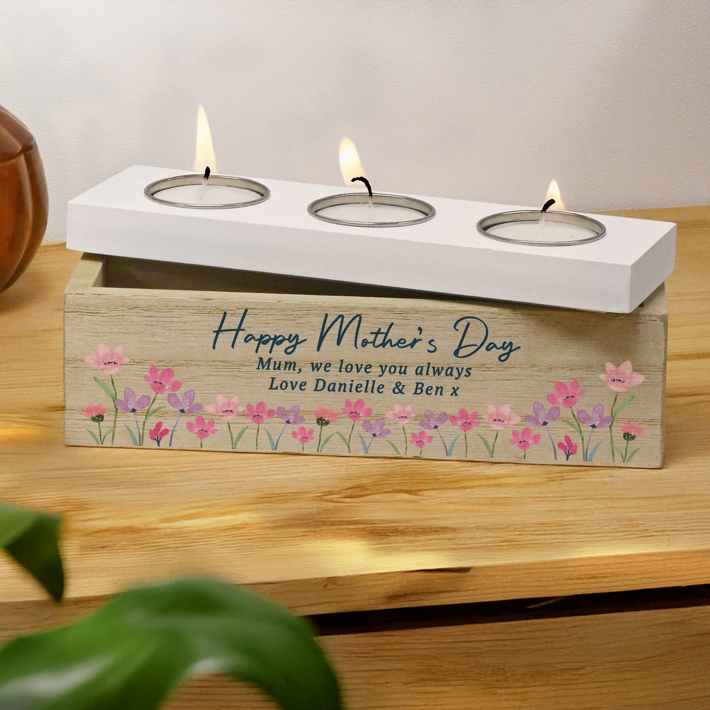Personalised Floral Wooden Triple Tea Light Box – Birthday Mother's Day Gift - image 3