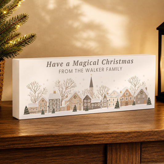 Personalised Christmas House Scene Wooden Mantle Block from Heartfelt Gifts