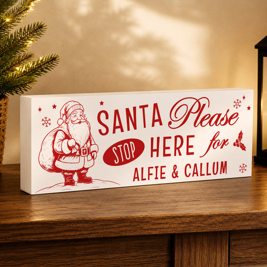 Personalised Santa Stop Here Wooden Mantle Block from Heartfelt Gifts