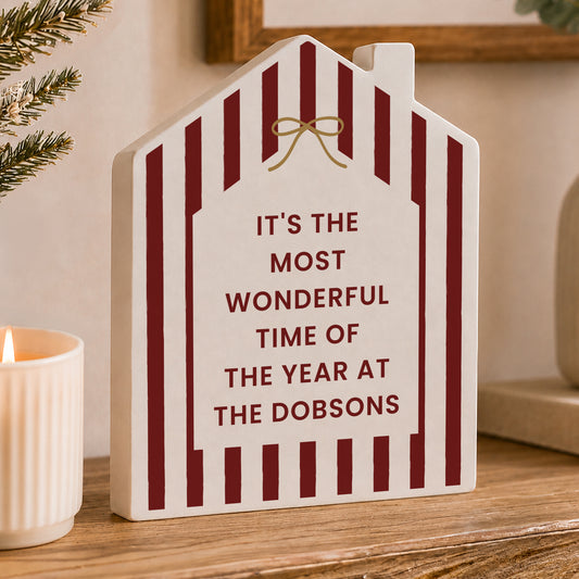 Personalised Candy Cane Stripe Wooden House Ornament from Heartfelt Gifts