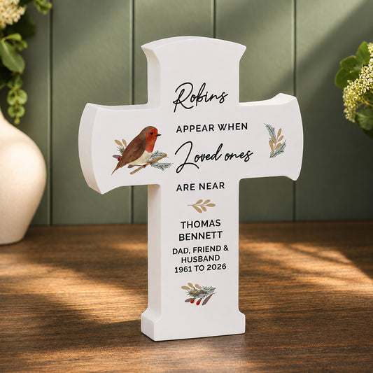 Personalised Robin Memorial Cross Wooden Ornament from Heartfelt Gifts