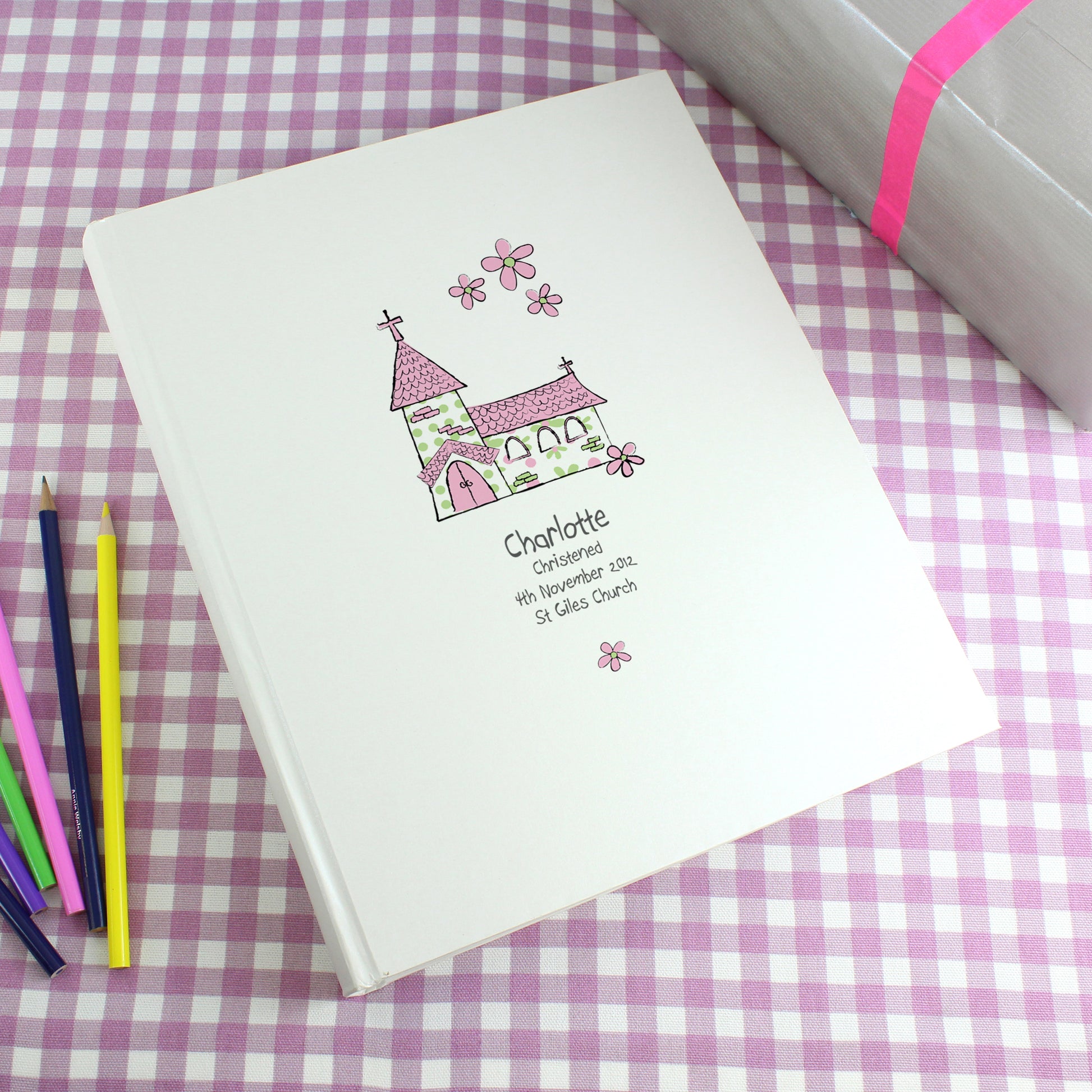 Personalised Whimsical Church Pink Traditional Photo Album from Heartfelt Gifts