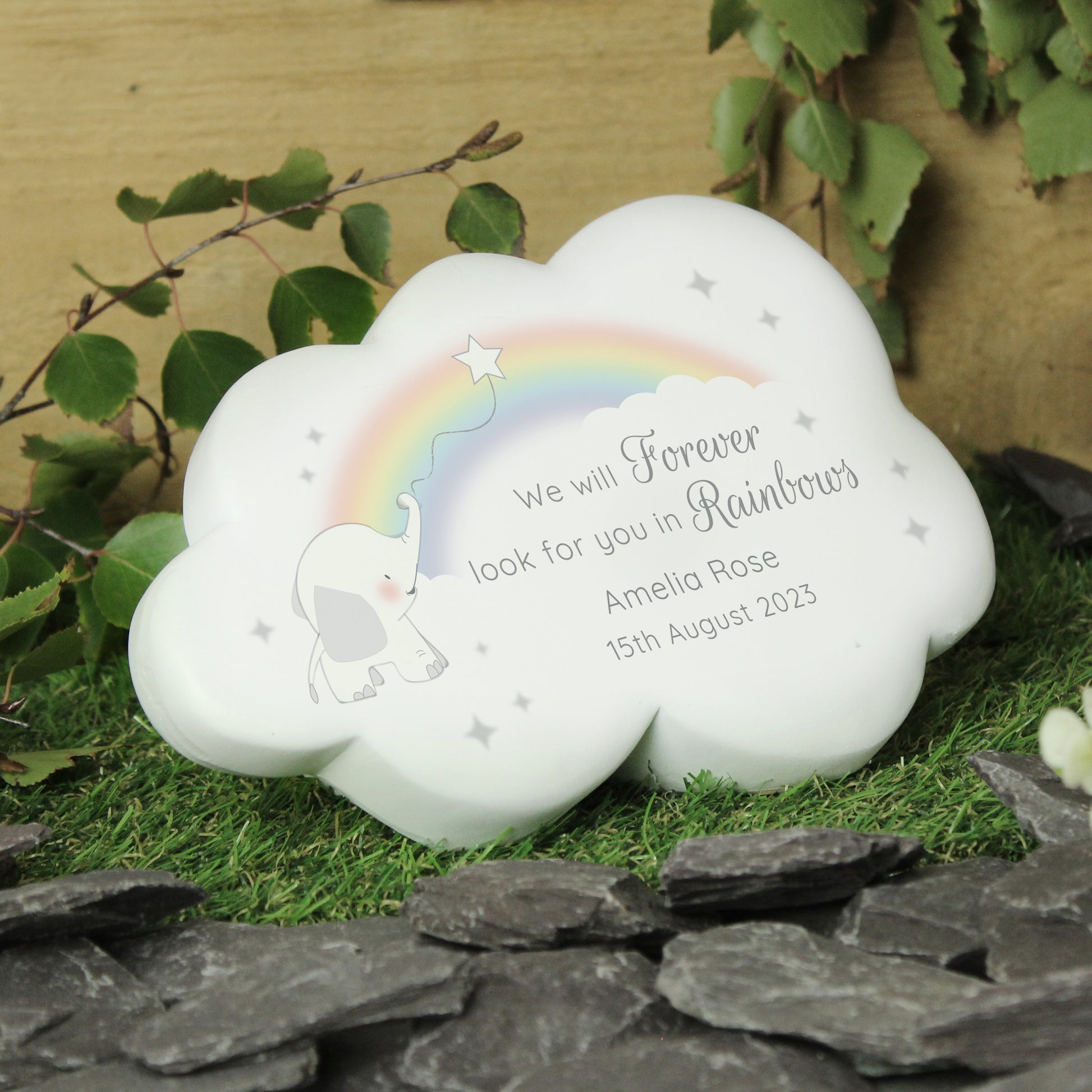 Personalised Rainbow Elephant Cloud Memorial Resin Stone from Heartfelt Gifts