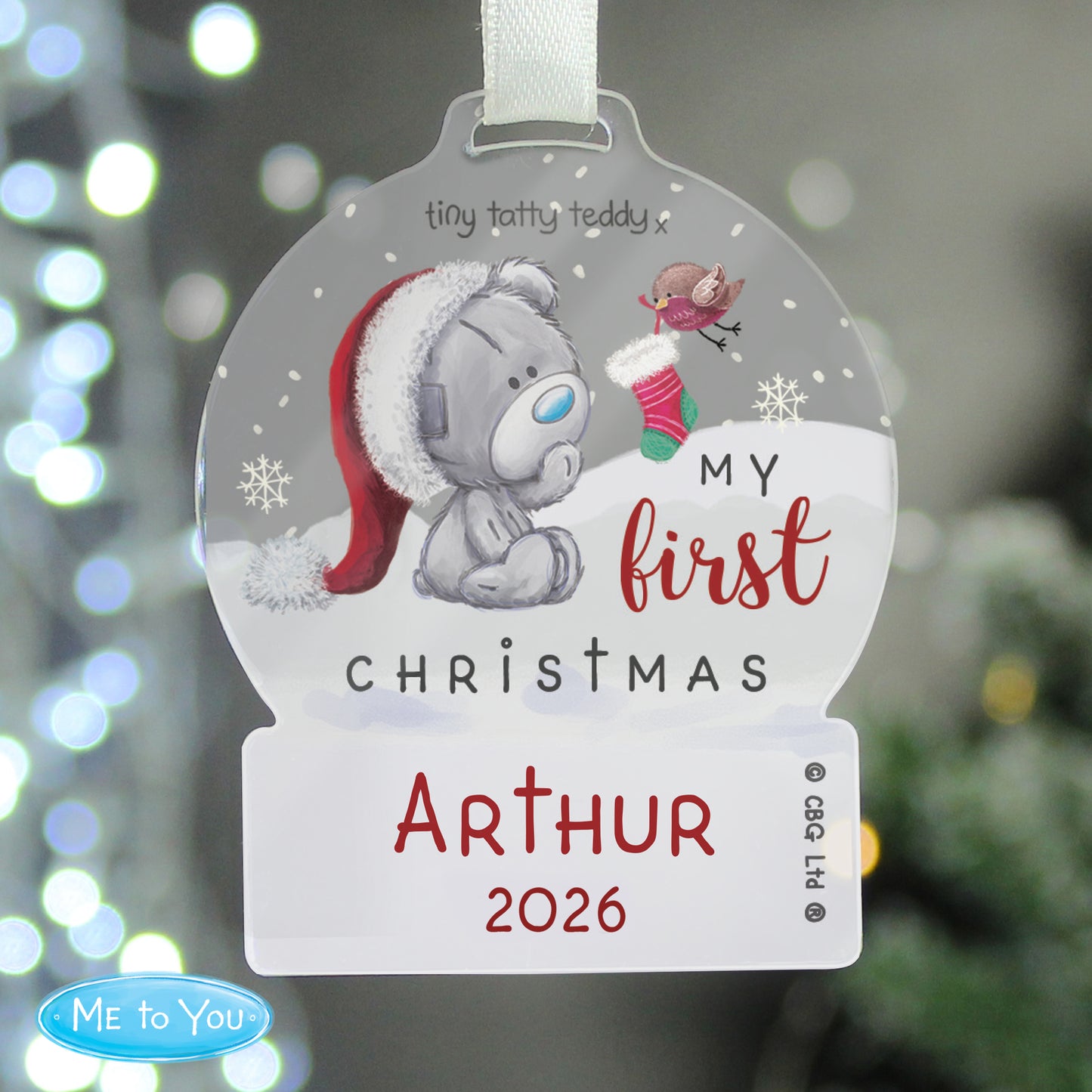 Personalised First Christmas Tiny Tatty Teddy Acrylic Snow Globe Decoration from Heartfelt Gifts