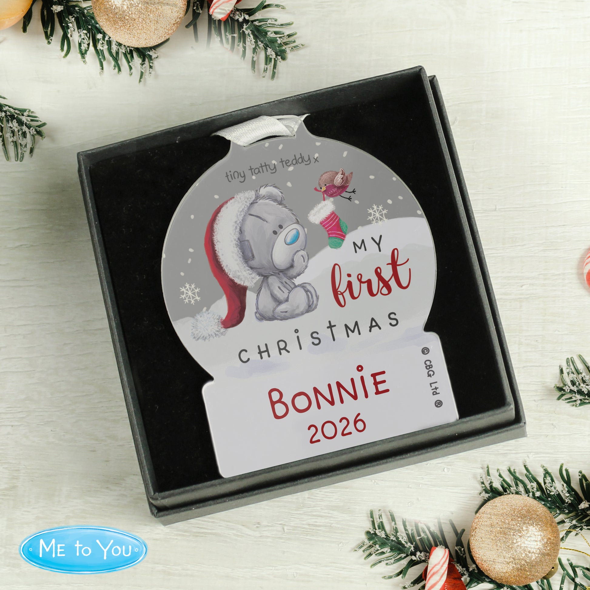 Personalised First Christmas Tiny Tatty Teddy Acrylic Snow Globe Decoration - image 2