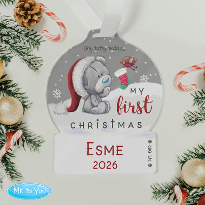 Personalised First Christmas Tiny Tatty Teddy Acrylic Snow Globe Decoration - image 3
