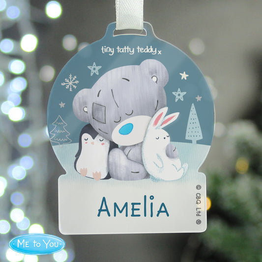 Personalised Winter Explorer Tiny Tatty Teddy Acrylic Snow Globe Decoration from Heartfelt Gifts