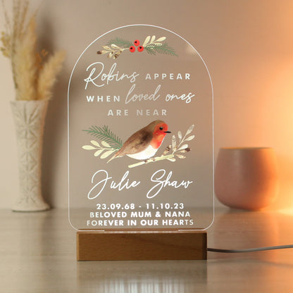 Personalised Robins Appear Wooden Based LED Light from Heartfelt Gifts