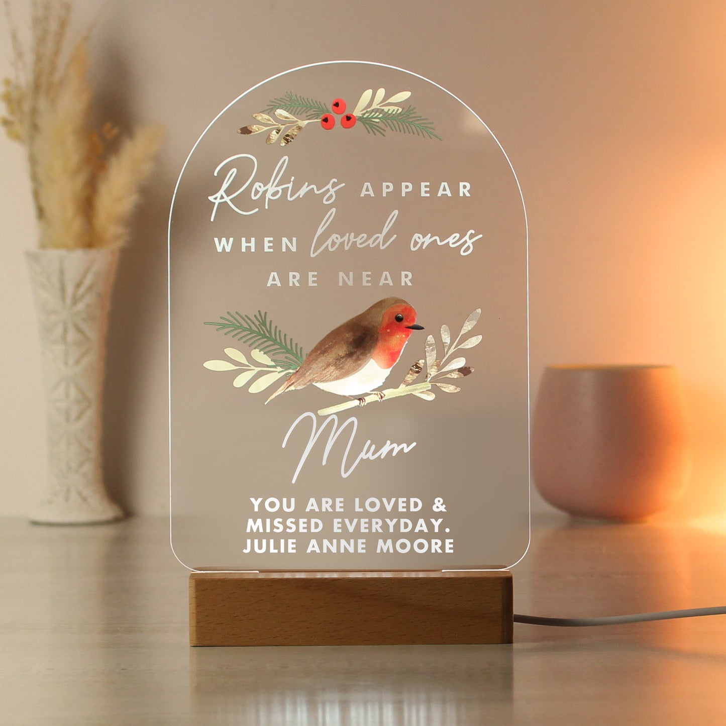 Personalised Robins Appear Wooden Based LED Light - image 13