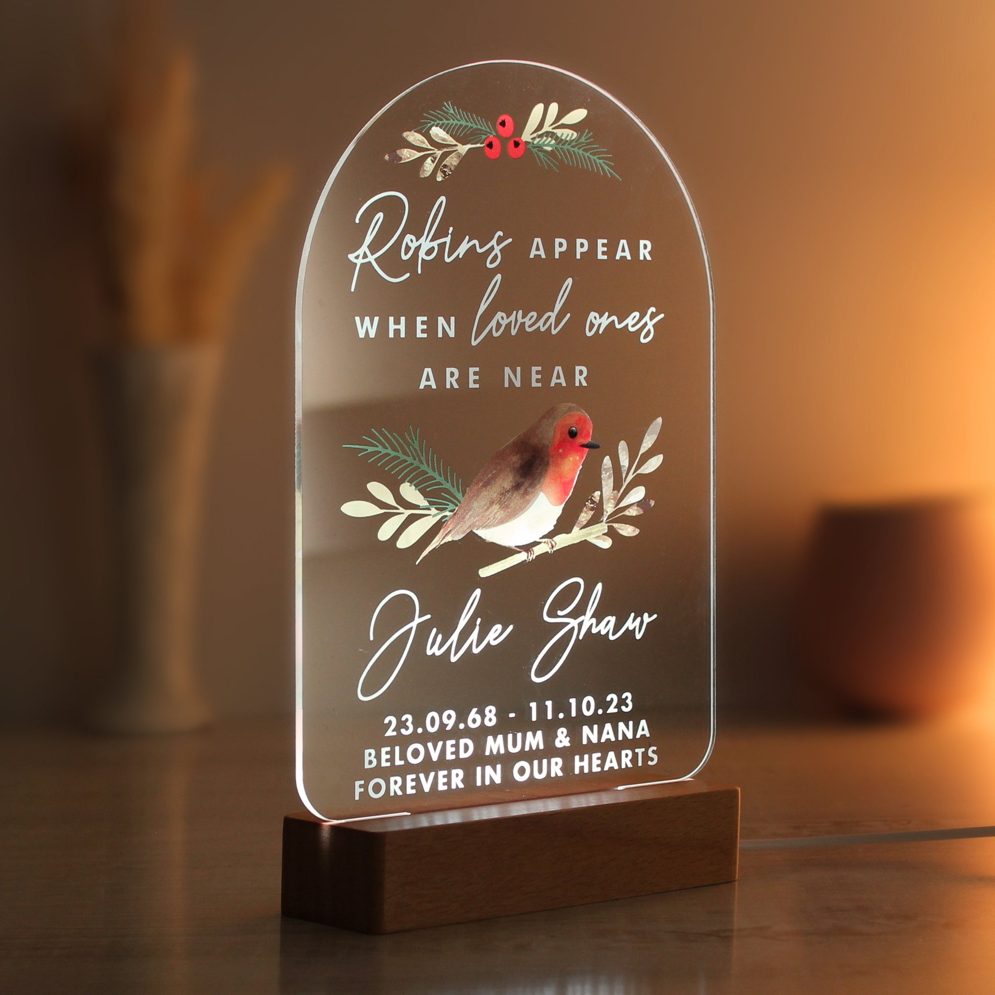 Personalised Robins Appear Wooden Based LED Light - image 3