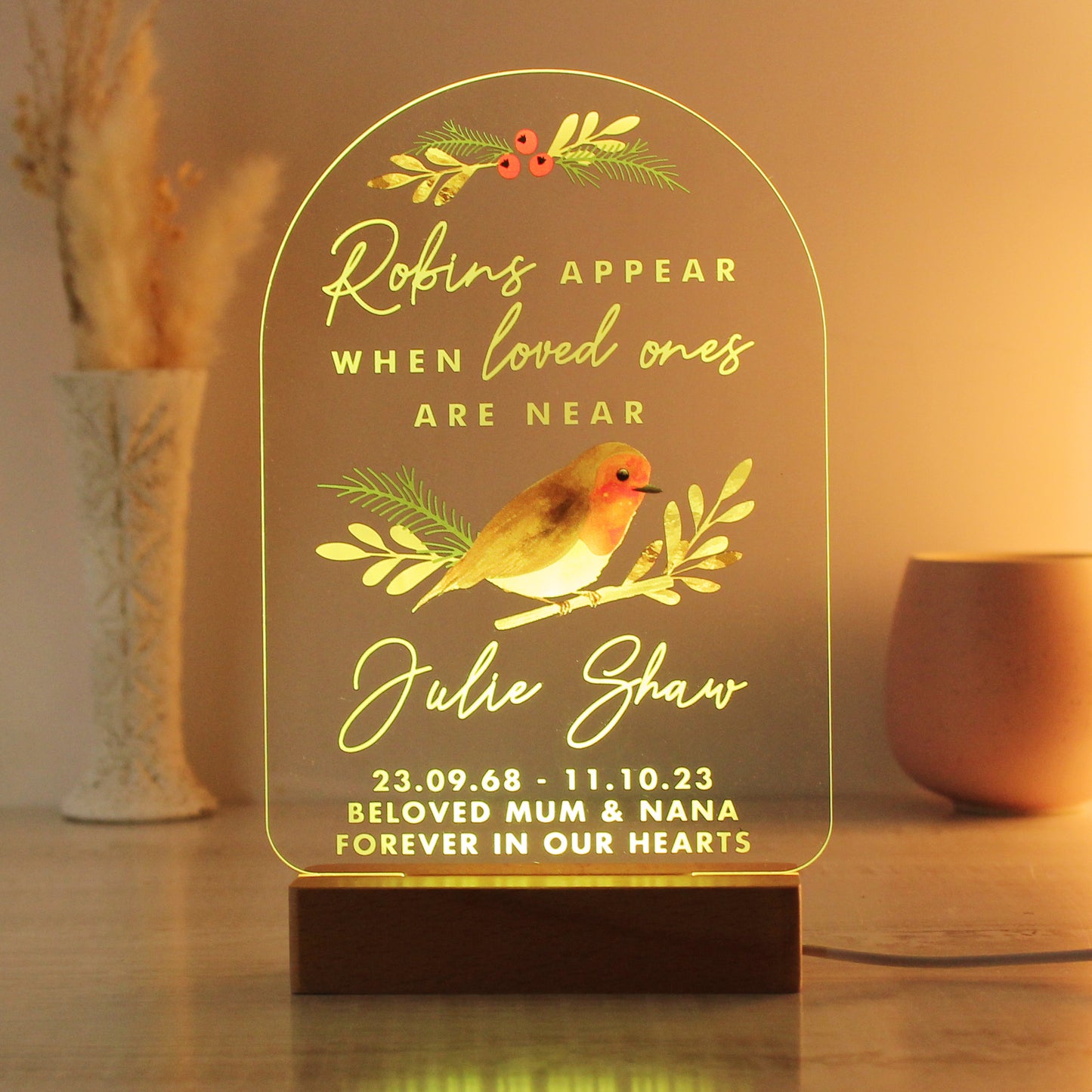 Personalised Robins Appear Wooden Based LED Light - image 4