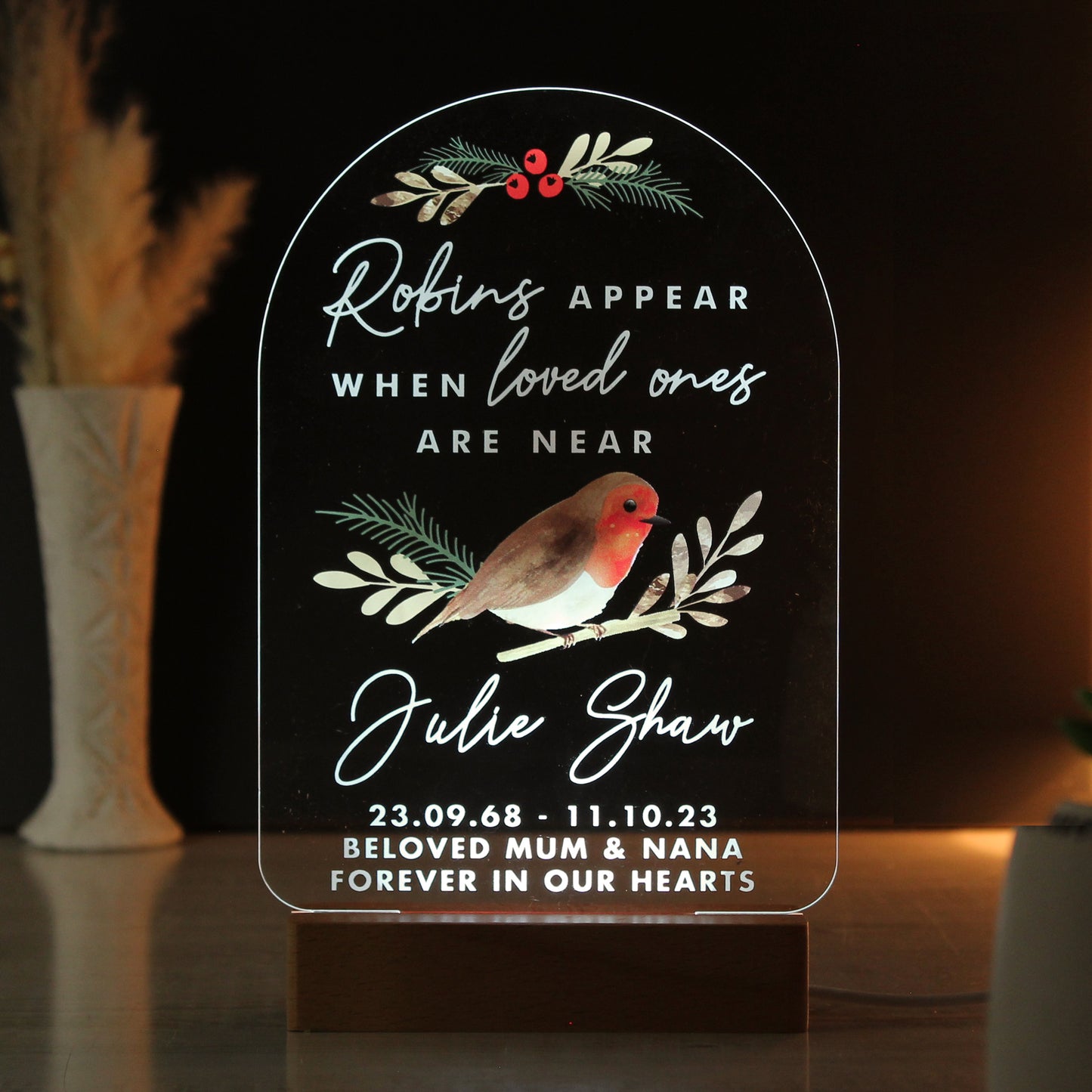 Personalised Robins Appear Wooden Based LED Light - image 5