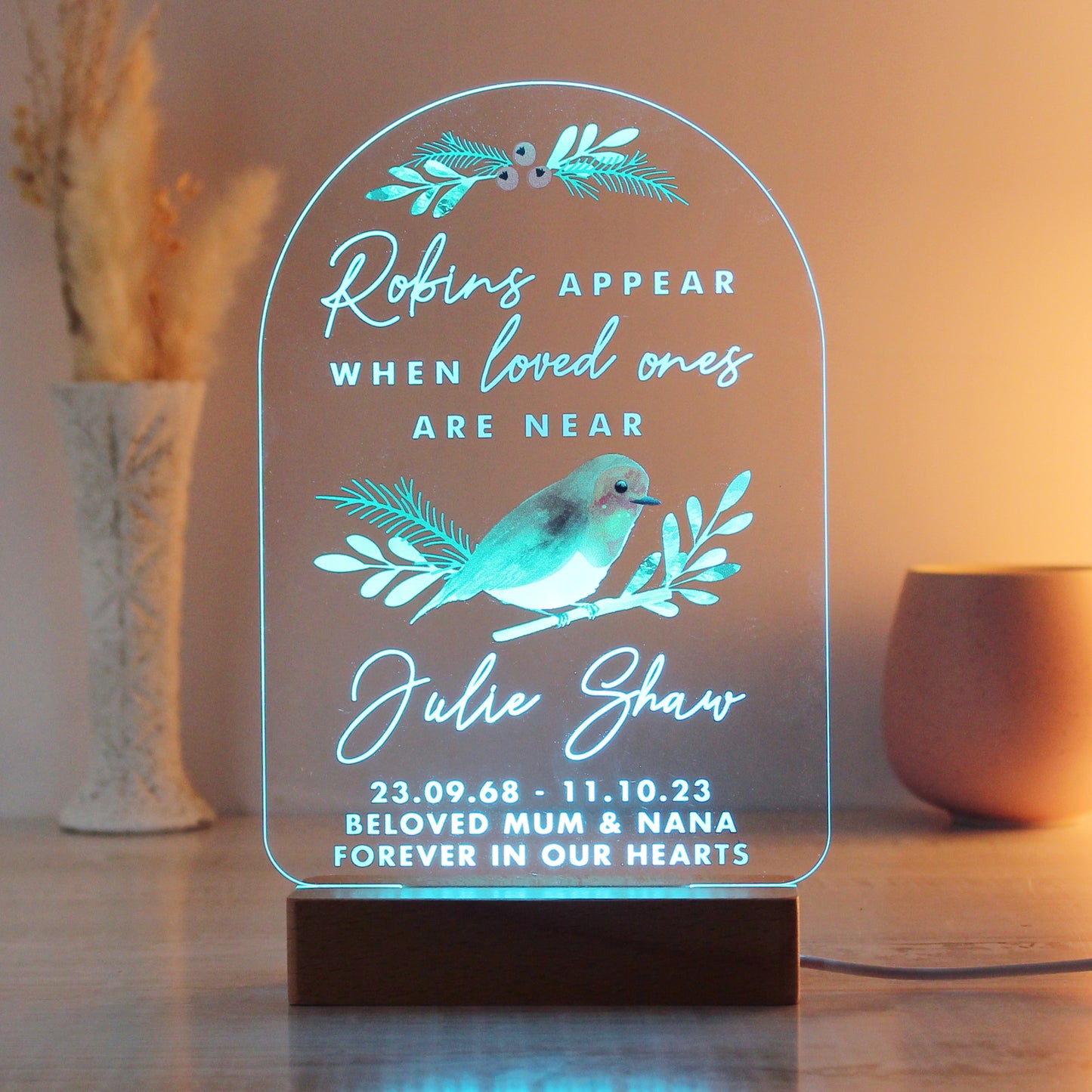 Personalised Robins Appear Wooden Based LED Light - image 6