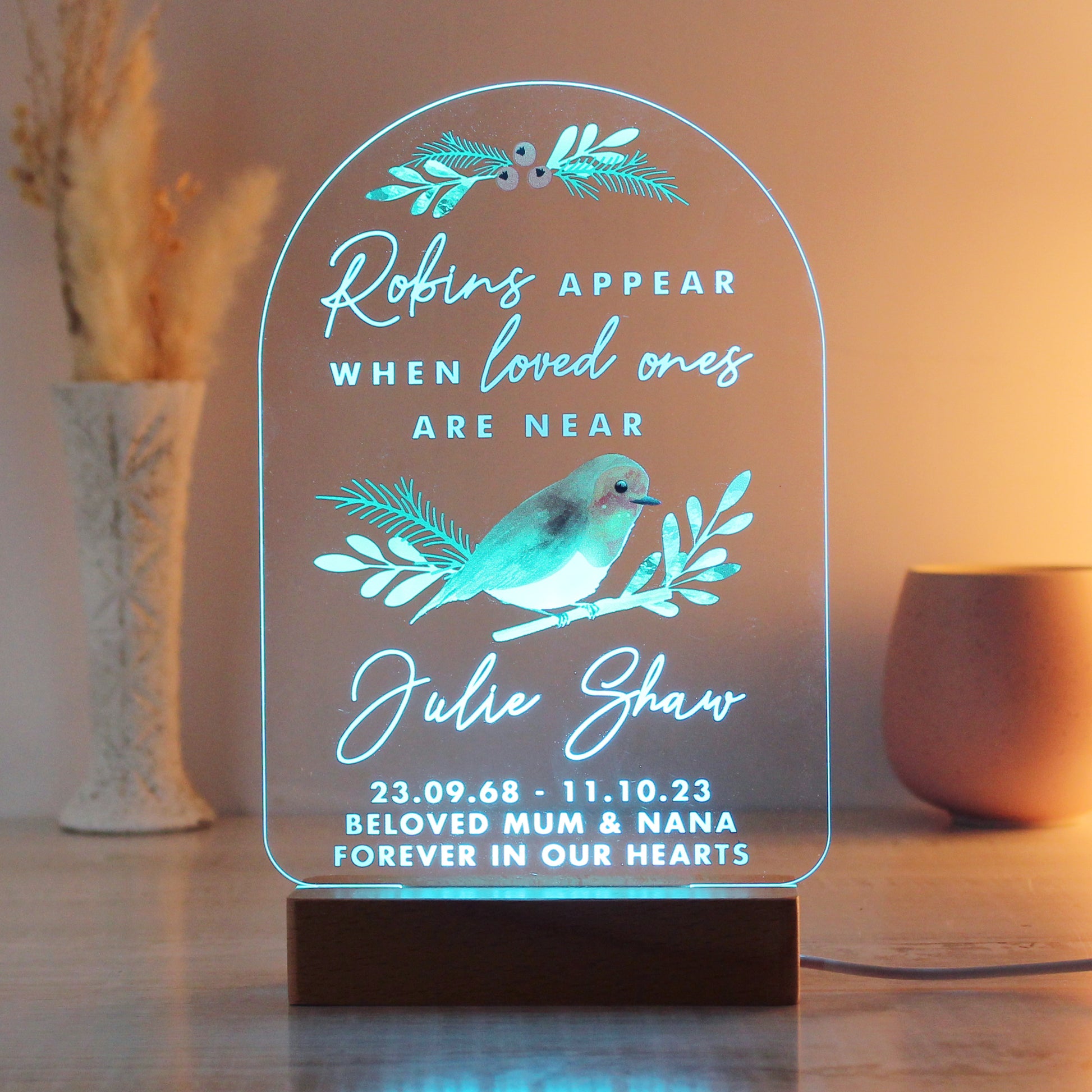 Personalised Robins Appear Wooden Based LED Light - image 6