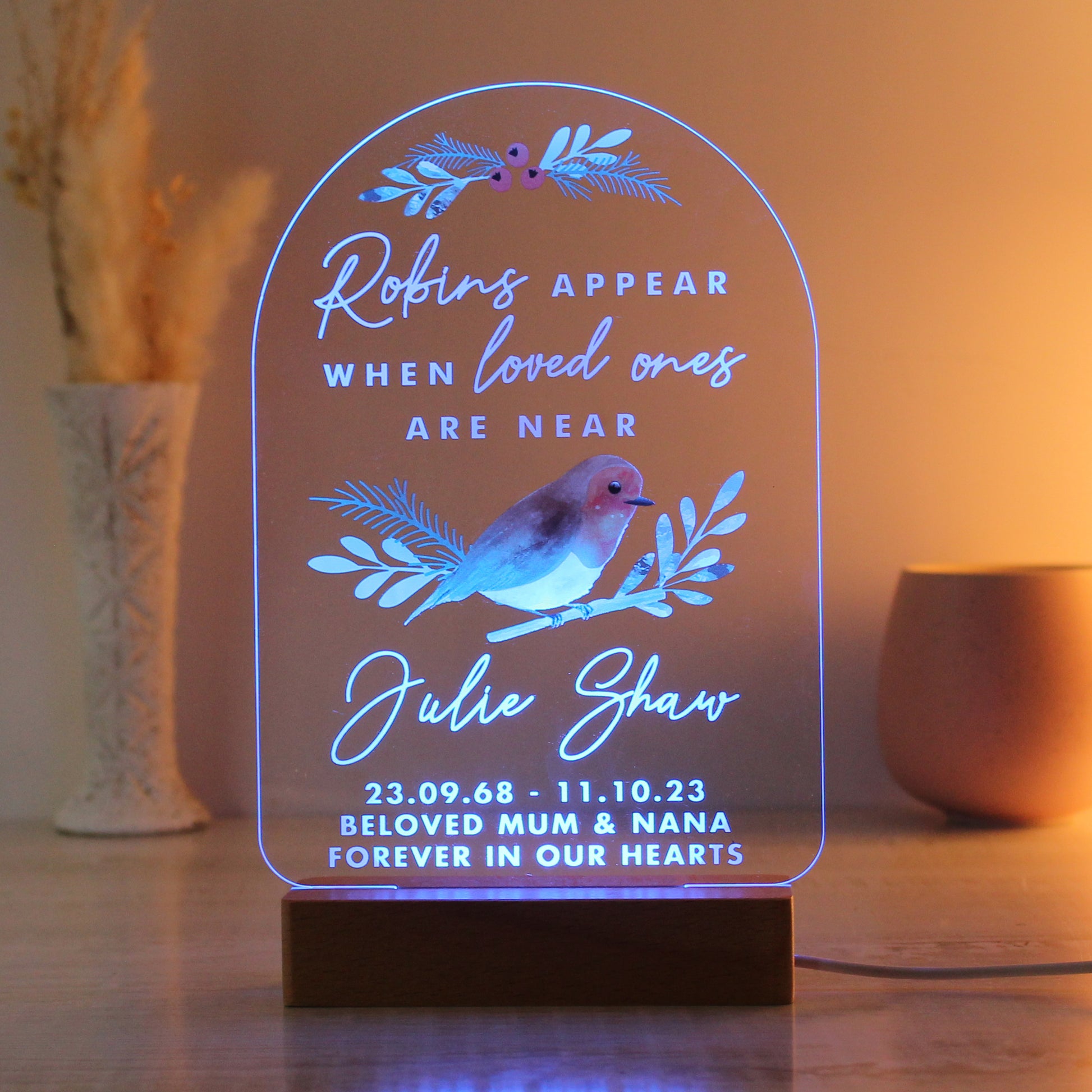 Personalised Robins Appear Wooden Based LED Light - image 8