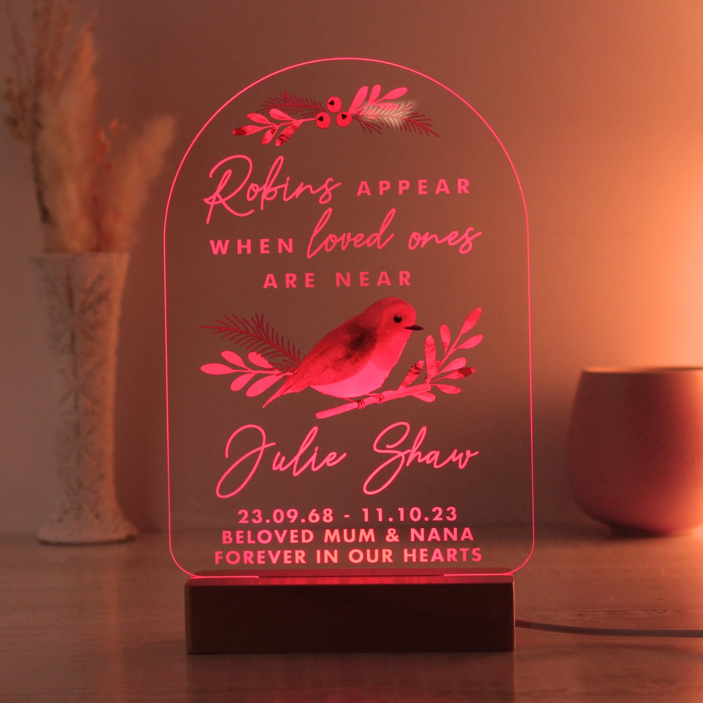 Personalised Robins Appear Wooden Based LED Light - image 10